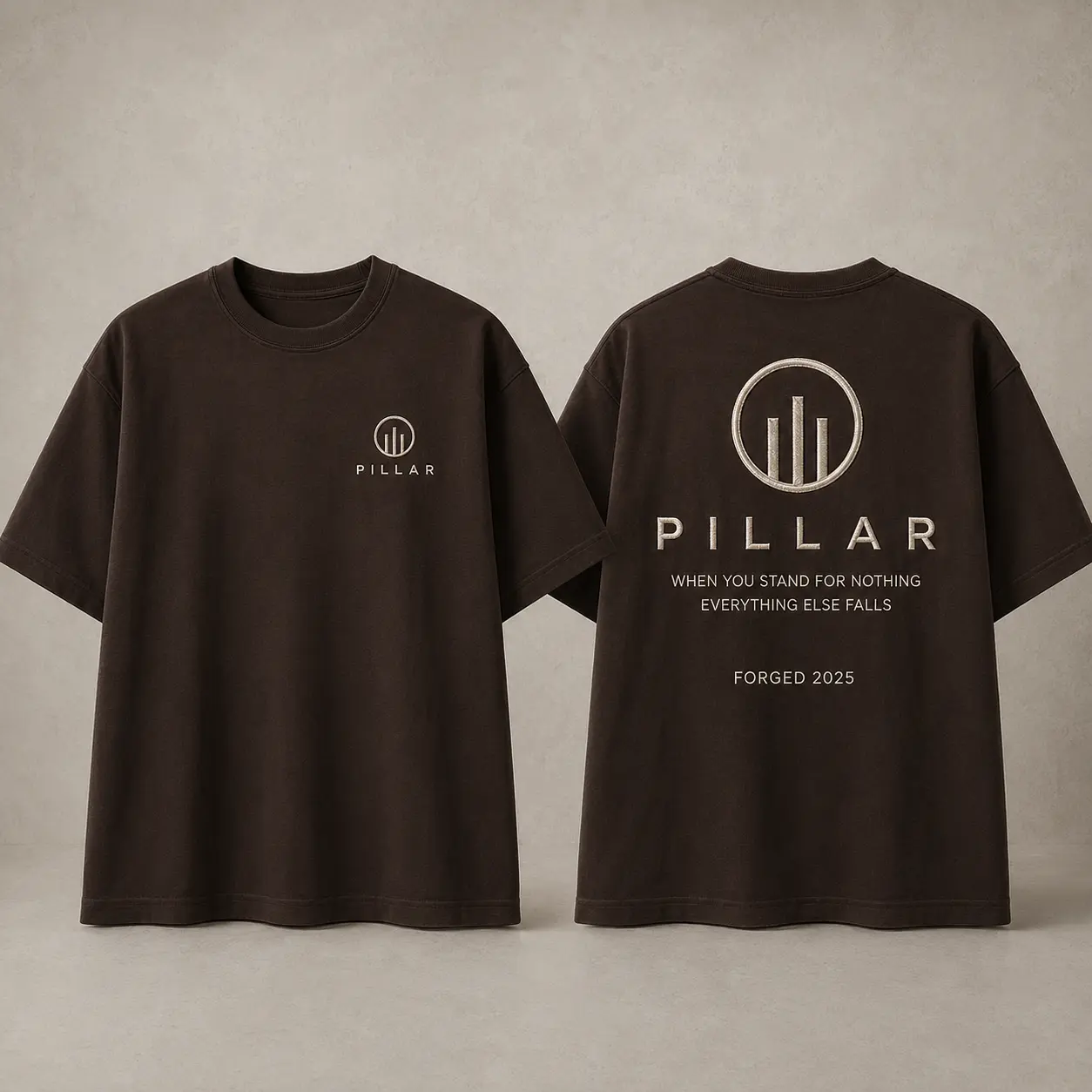 Front and back views of the brown embroidered PILLAR Forged Foundation Tee