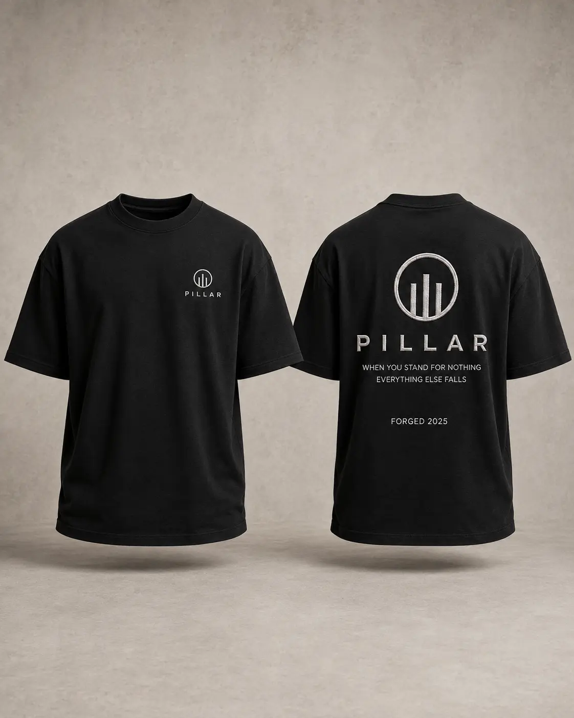 Front and back views of the black embroidered PILLAR Forged Foundation Tee