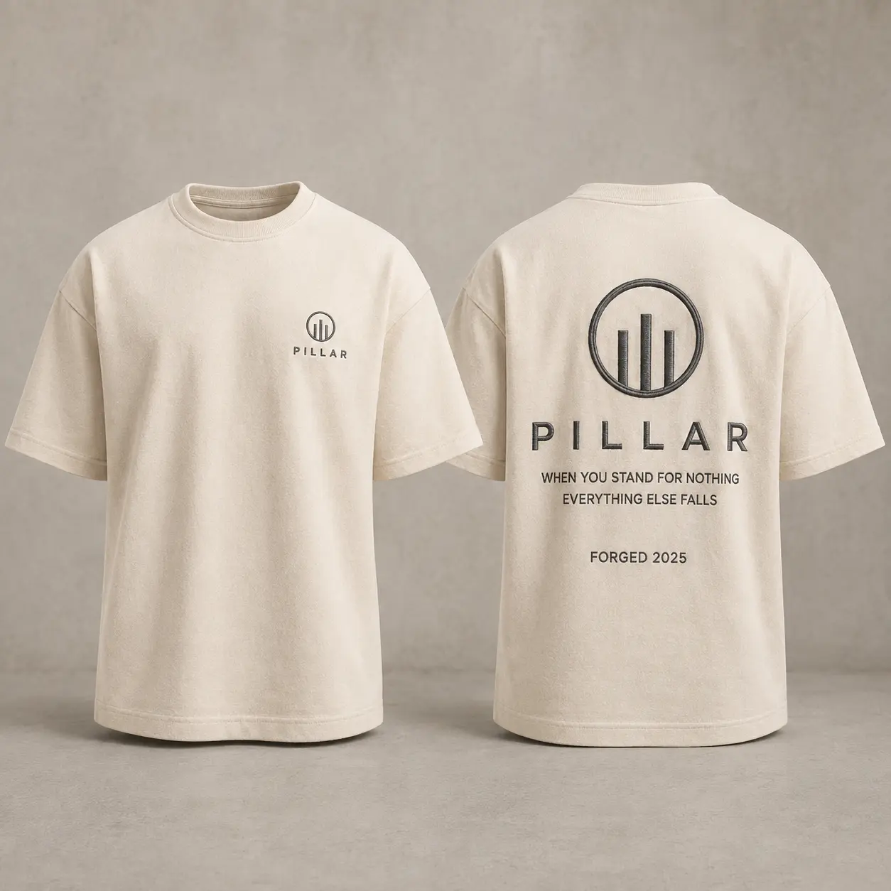 Front and back views of the off-white embroidered PILLAR Forged Foundation Tee
