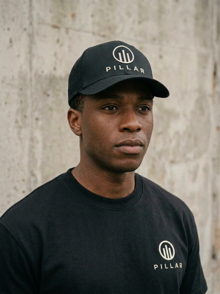 Black male model wearing the black PILLAR Trucker