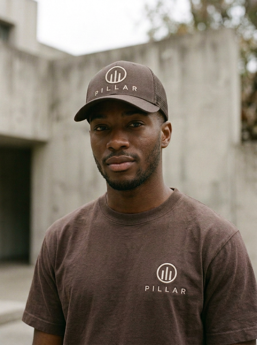 Black male model wearing the brown PILLAR Trucker