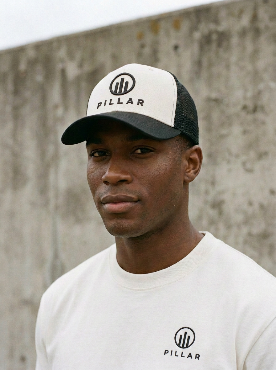 Black male model wearing the off-white PILLAR Trucker