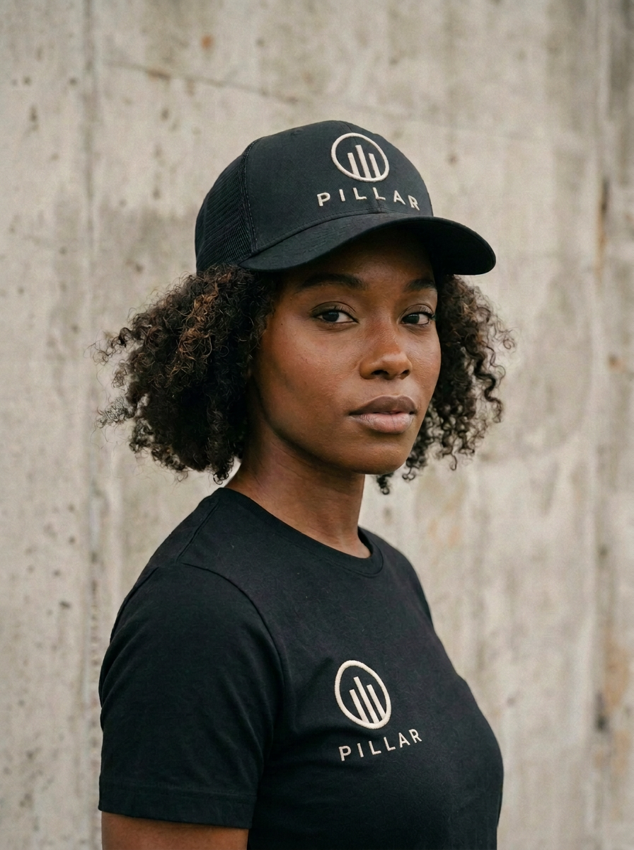 Black female model wearing the black PILLAR Trucker