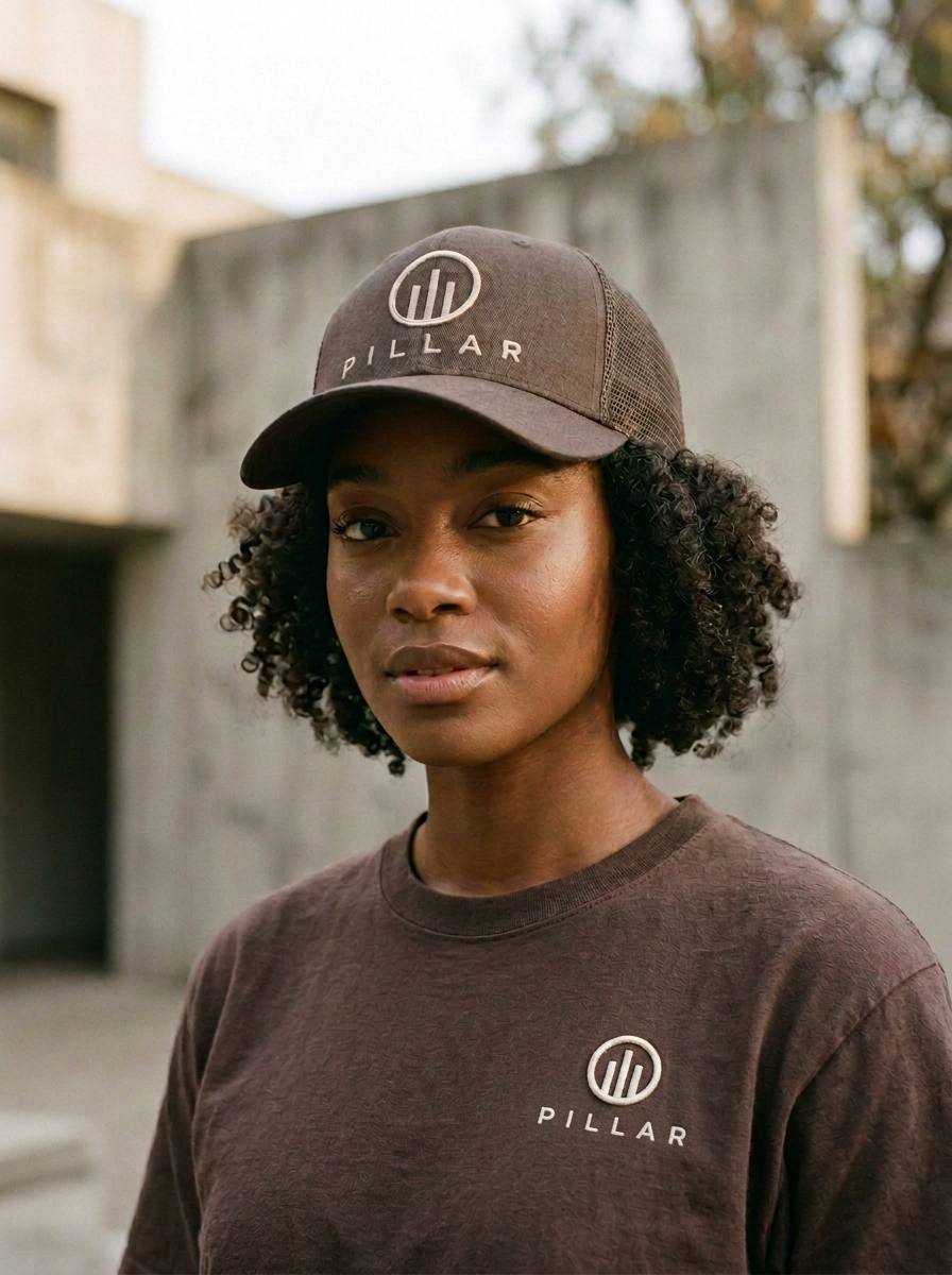 Black female model wearing the brown PILLAR Trucker