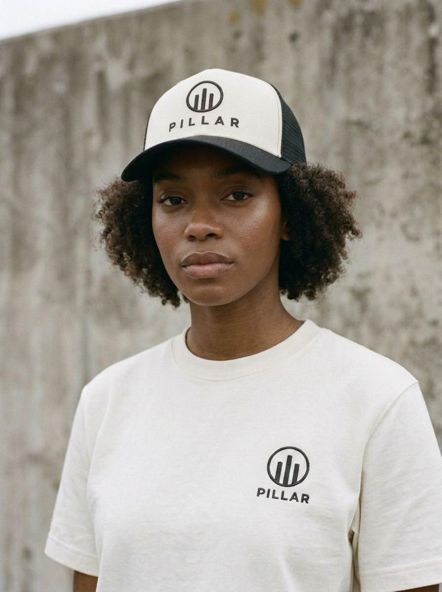 Black female model wearing the off-white PILLAR Trucker