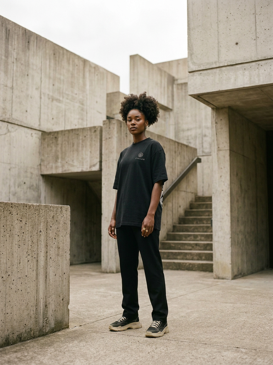 Black female model wearing the black PILLAR Forged Foundation Tee in a concrete courtyard