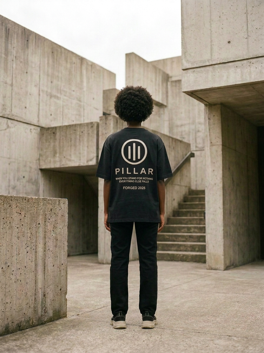 Standing Black female model showing the embroidered back of the black PILLAR Forged Foundation Tee