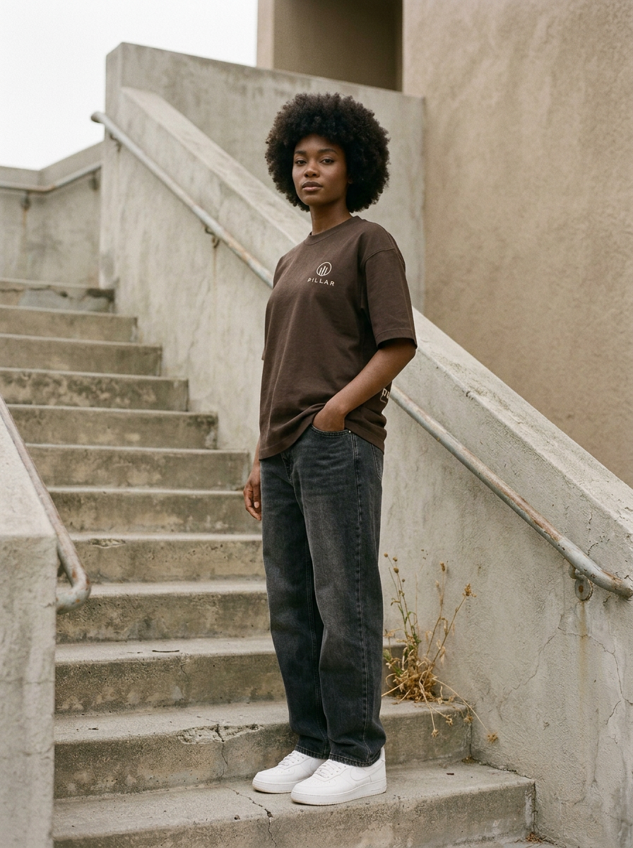 Black female model wearing the brown PILLAR Forged Foundation Tee on concrete stairs