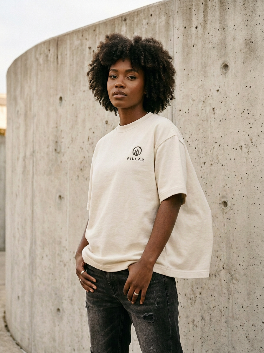 Black female model wearing the off-white PILLAR Forged Foundation Tee against a concrete wall