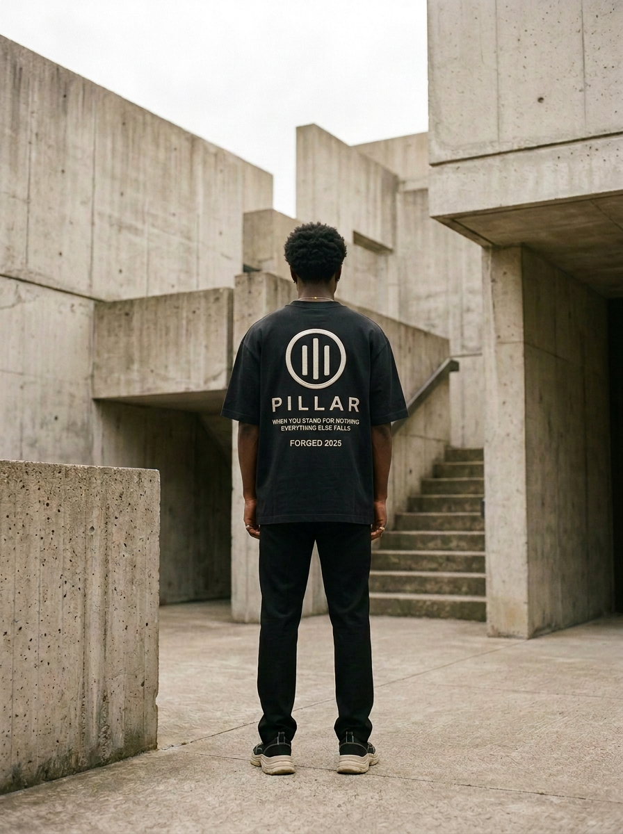 Standing Black male model showing the embroidered back of the black PILLAR Forged Foundation Tee