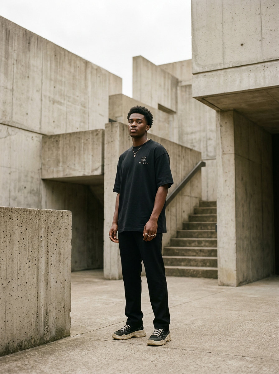 Black male model wearing the black PILLAR Forged Foundation Tee in a concrete courtyard
