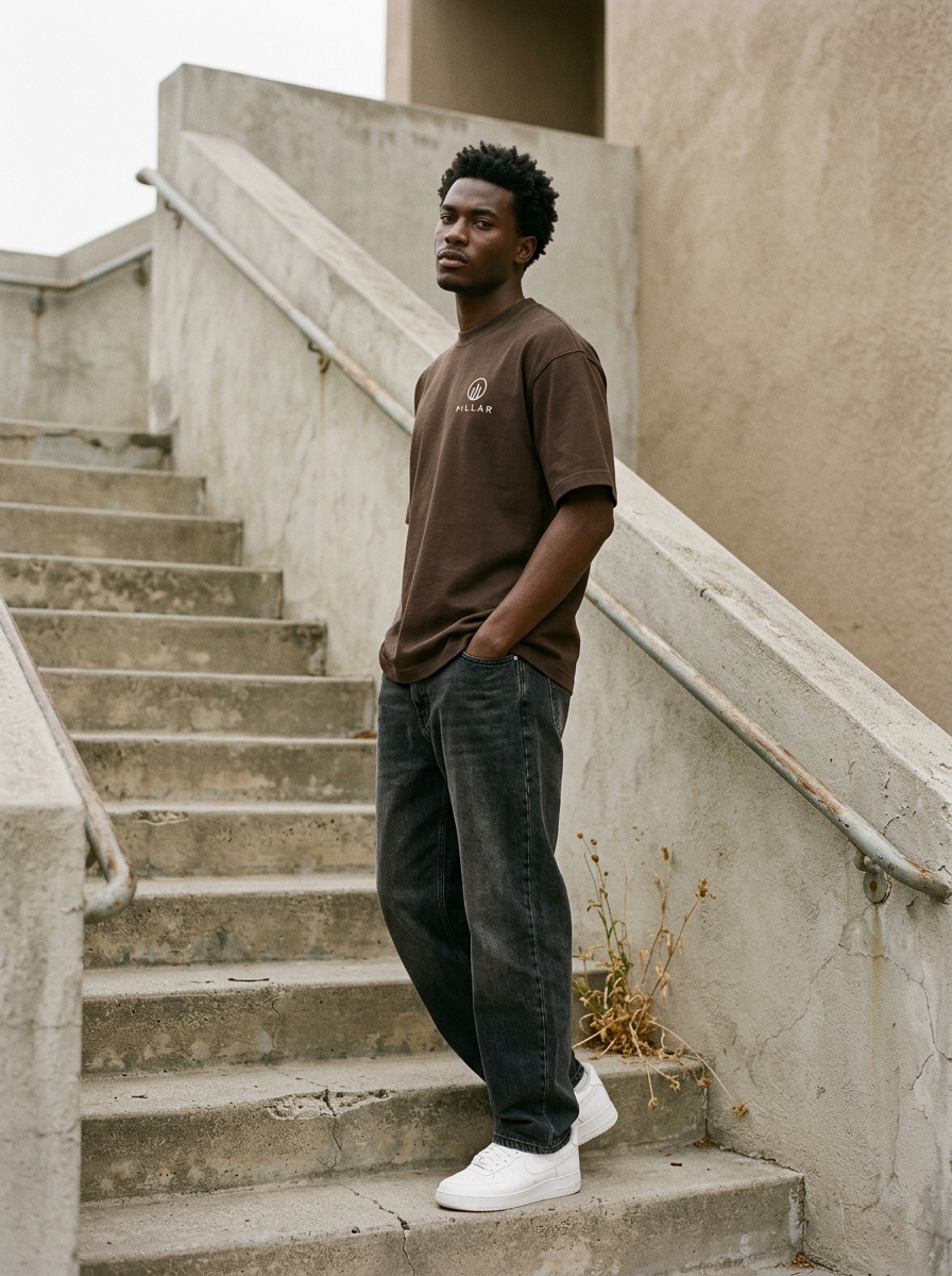 Black male model wearing the brown PILLAR Forged Foundation Tee on concrete stairs