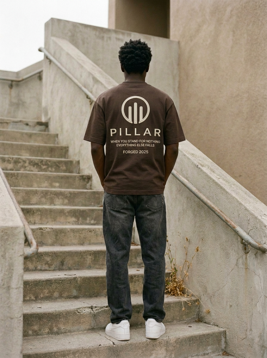 Standing Black male model showing the embroidered back of the brown PILLAR Forged Foundation Tee