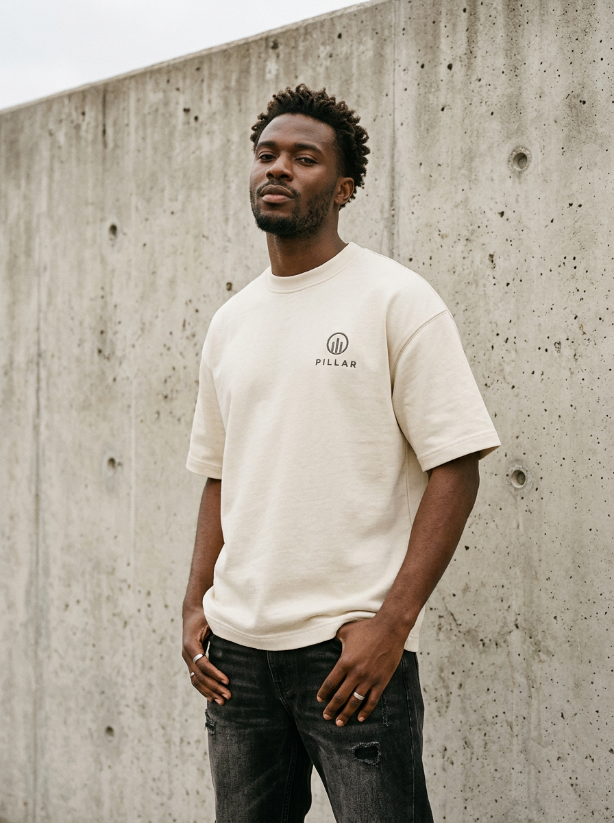 Black male model wearing the off-white PILLAR Forged Foundation Tee against a concrete wall