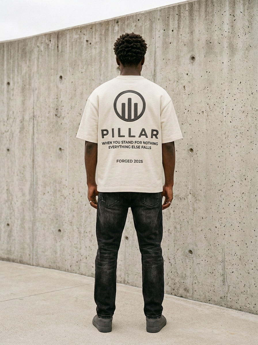 Standing Black male model showing the embroidered back of the off-white PILLAR Forged Foundation Tee