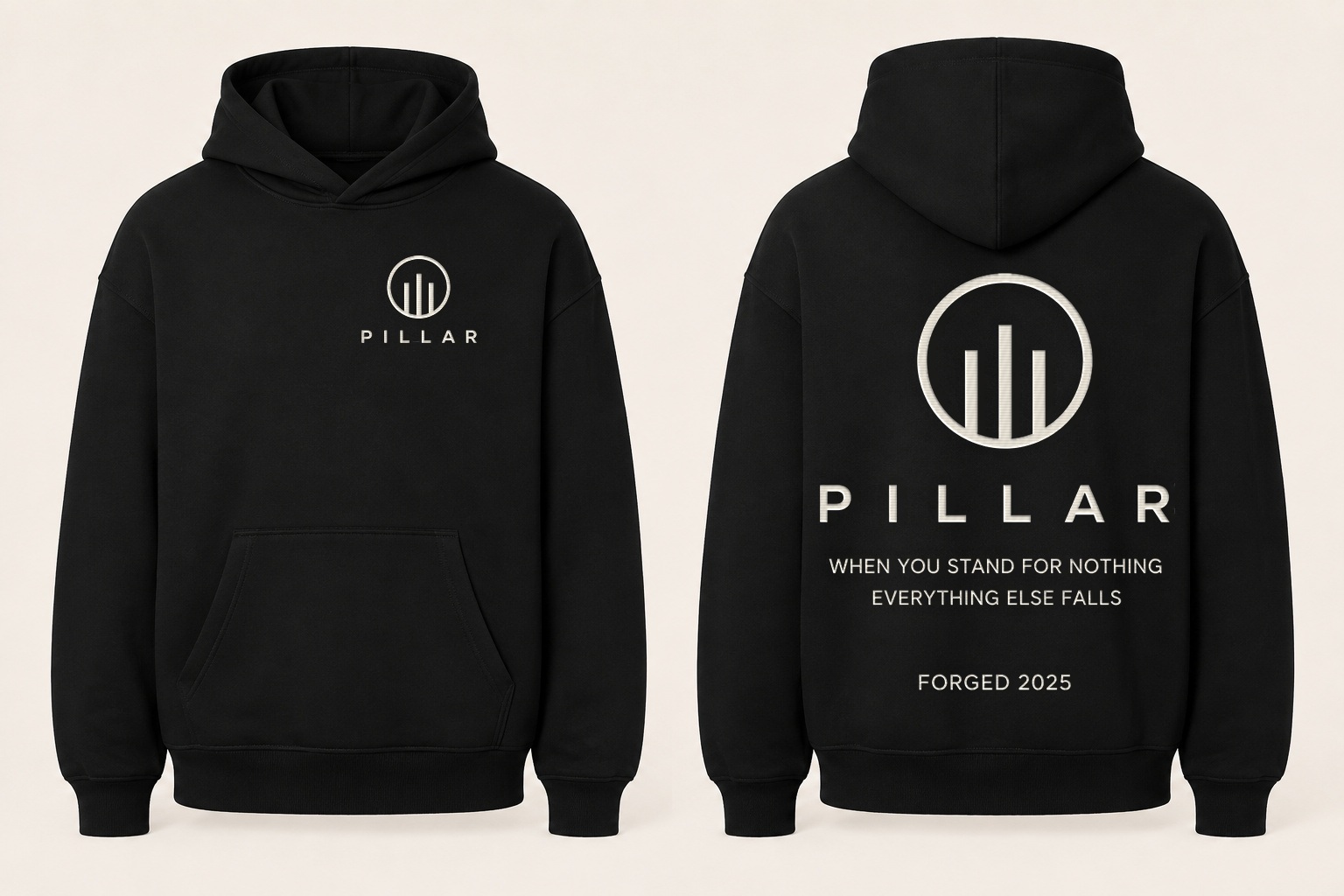 Front and back views of the black embroidered PILLAR Forged Hoodie
