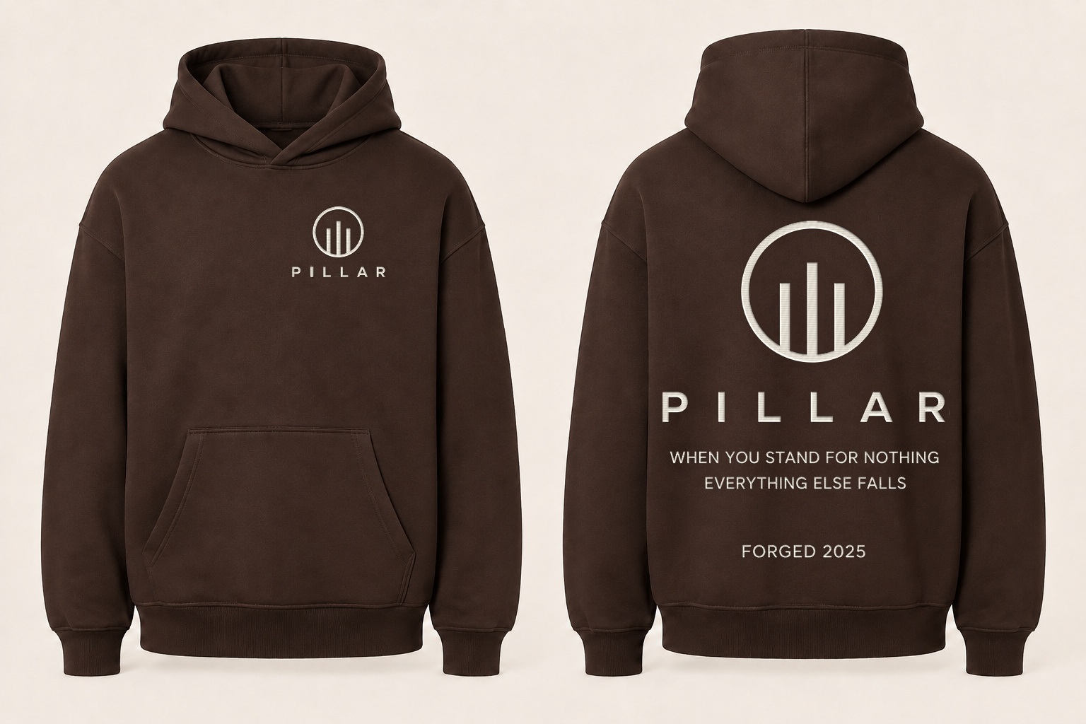 Front and back views of the brown embroidered PILLAR Forged Hoodie