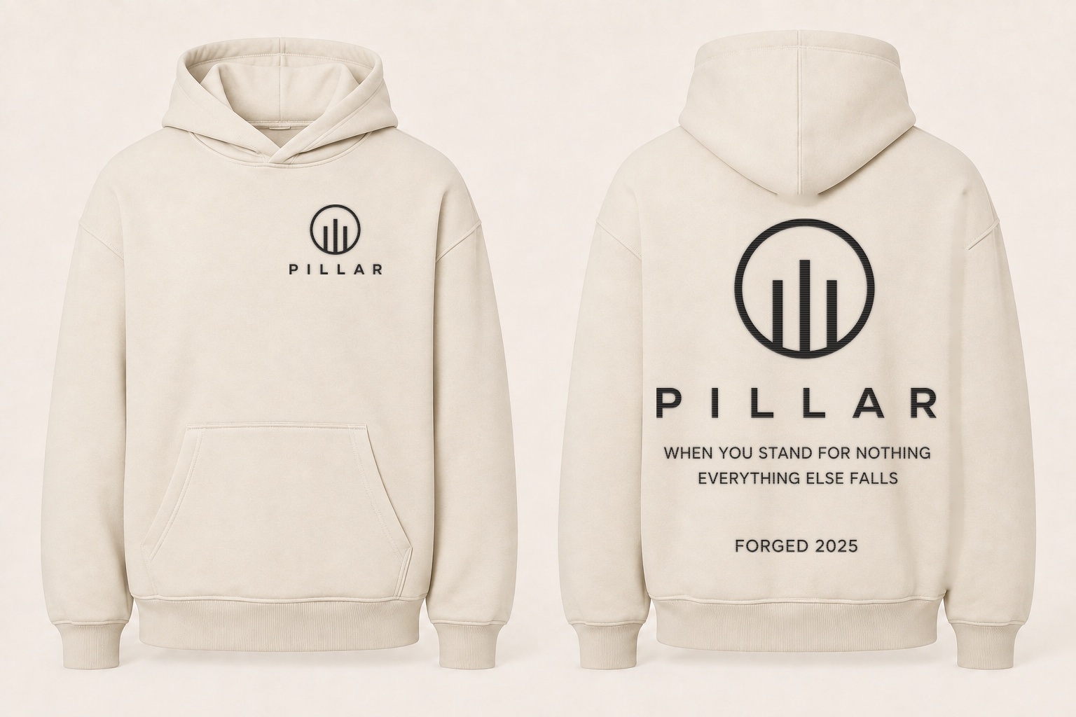 Front and back views of the off-white embroidered PILLAR Forged Hoodie